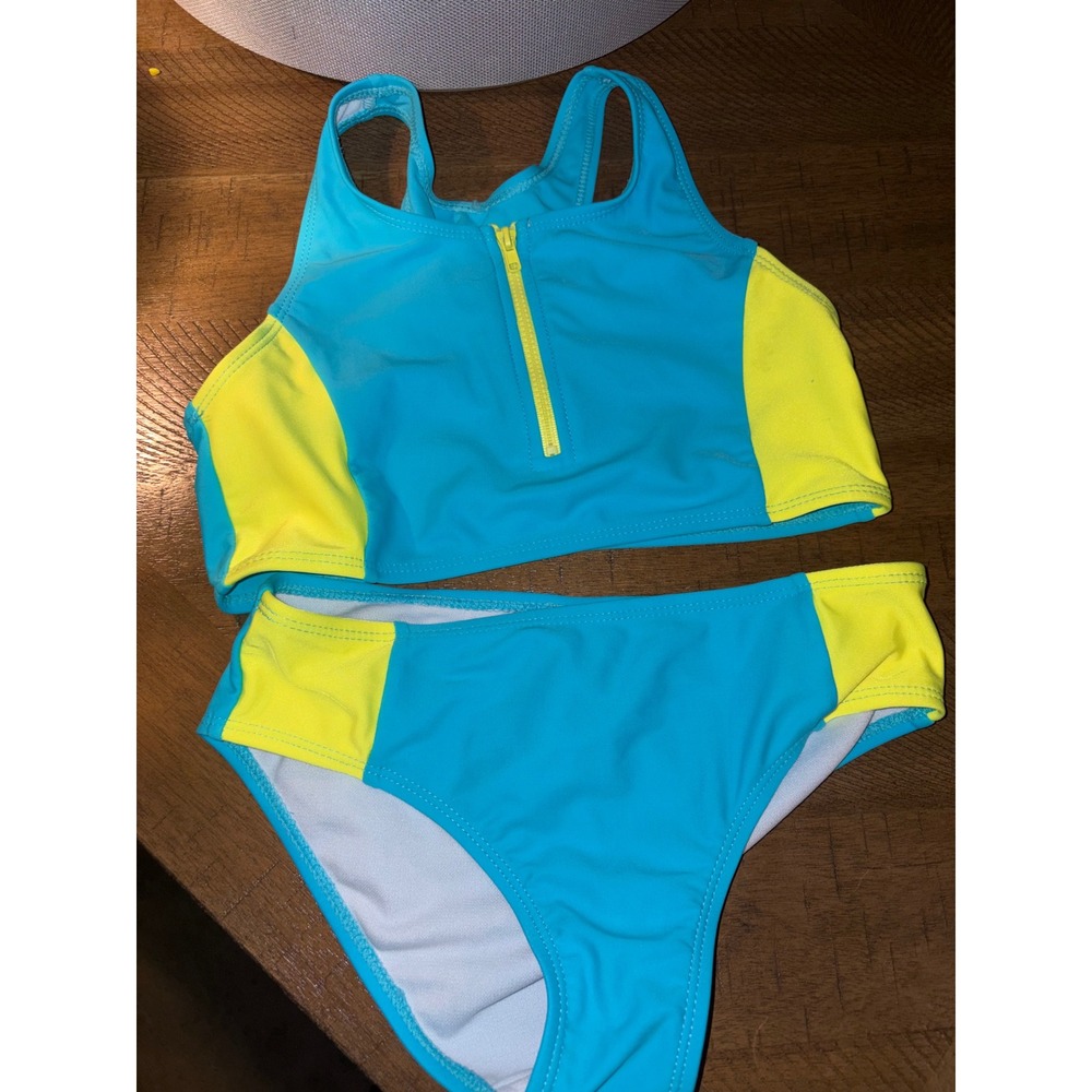 Dolphin Love Girls Two Piece Swimsuit Blue Neon Yellow Zip Top Bikini Size 10/12